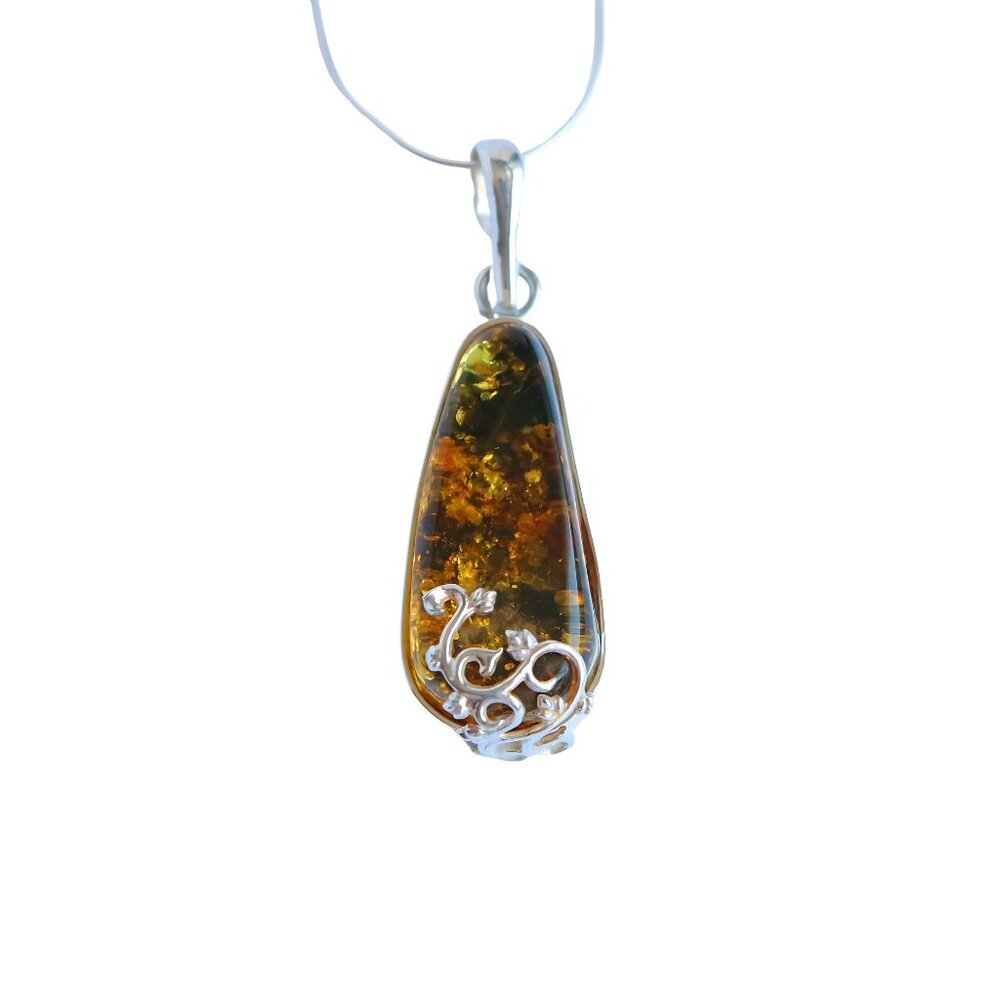 Green Baltic Amber Pendant Necklace in 925 Sterling Silver -Floral Handmade